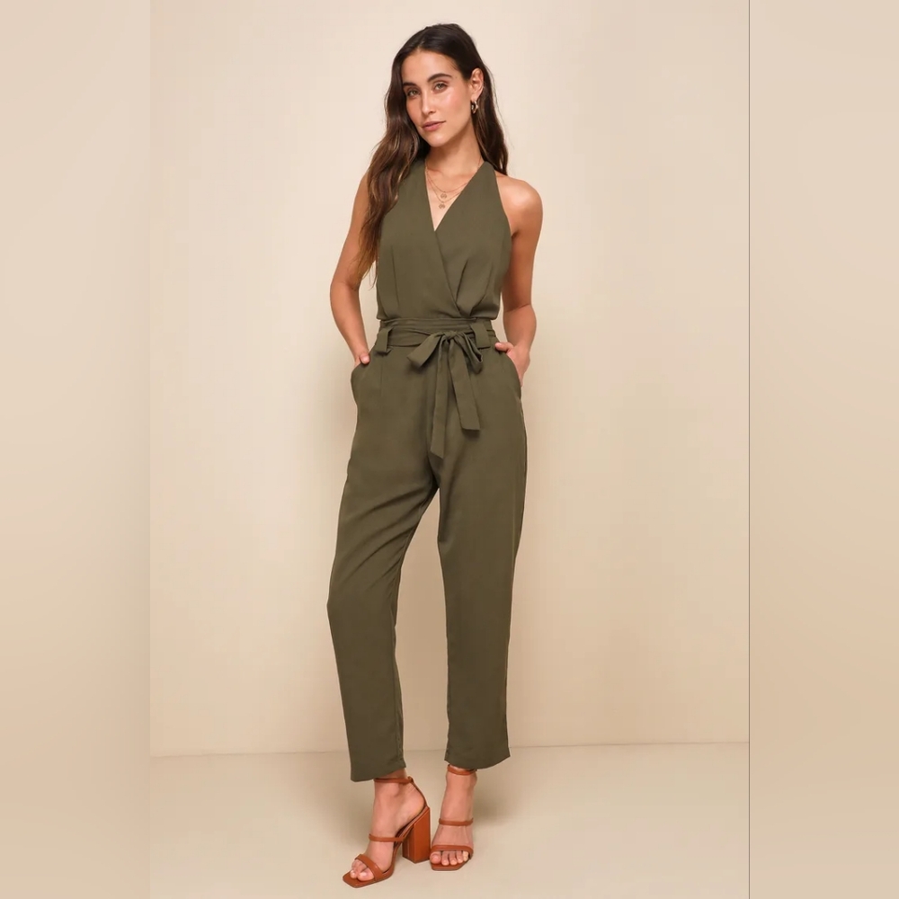 Lulus In The City Olive Green Surplice Sleeveless Jumpsuit